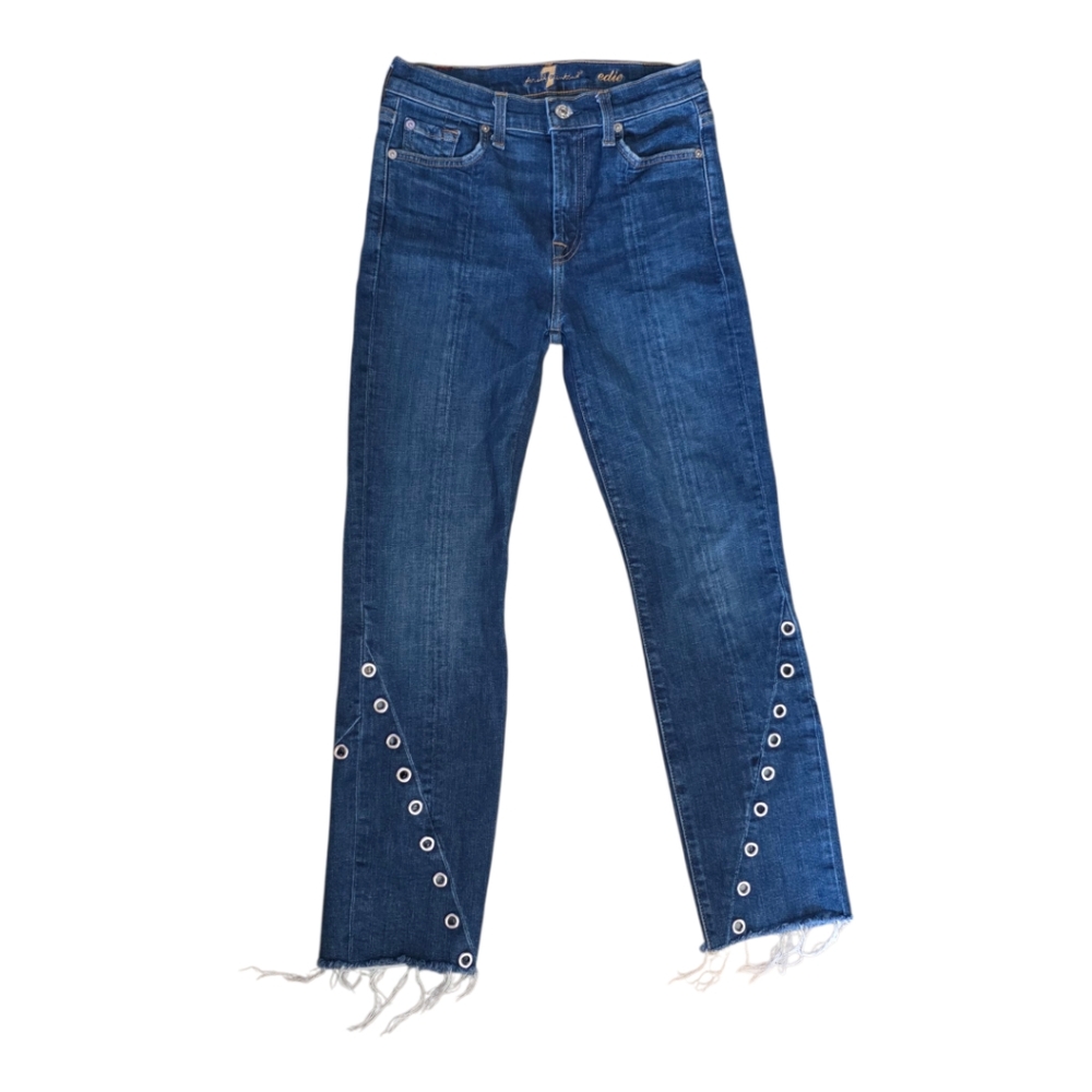 7 FOR ALL MANKIND Straight Leg Ankle Cutoff Jeans Medium Wash With Eyelets 25
